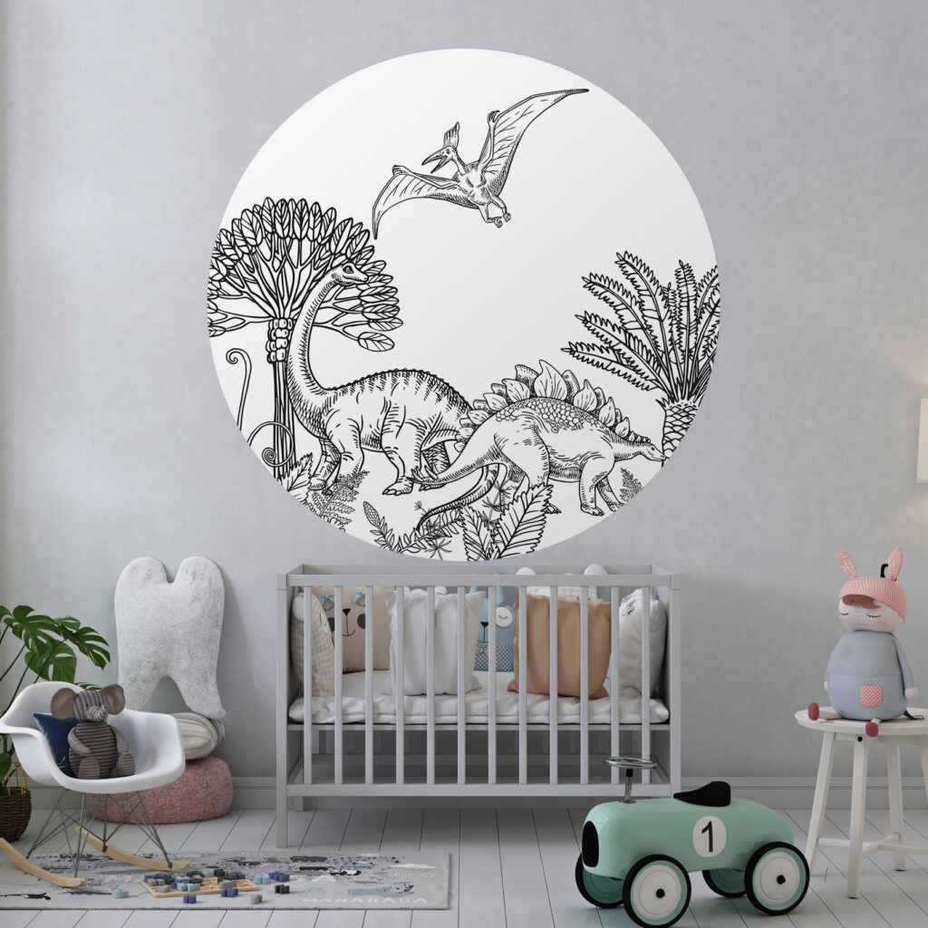 Behangcirkel Dino schildering - Zwart-wit