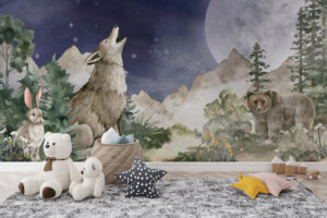 Wolf en maan - Bos behang