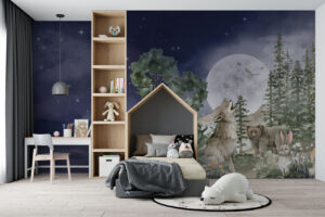 Wolf en maan - Bos behang