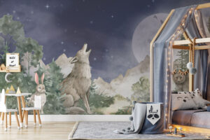 Wolf en maan - Bos behang