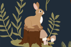 Kinderbehang met botanische bosprint en wilde dieren op donkere achtergrond - Botanisch bos