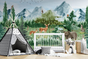 Kinderbehang met bosdieren en berglandschap voor een avontuurlijke kamerinrichting - Bosrijk avontuur