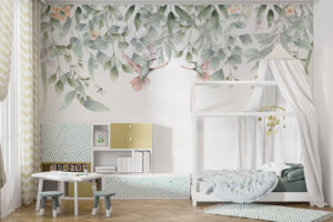 Babykamer behang met zachte eucalyptusbladeren en sierlijke kolibries - Natuur melodie