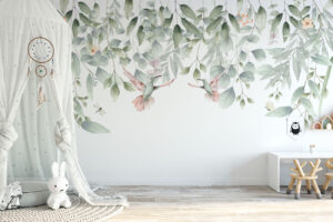 Babykamer behang met zachte eucalyptusbladeren en sierlijke kolibries - Natuur melodie
