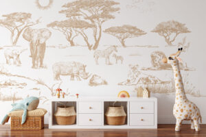 Safari dieren behang in sepia met olifanten, leeuwen en zebras in de savanne - Sepia safari