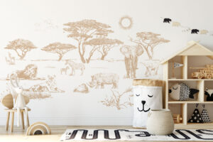 Safari dieren behang in sepia met olifanten, leeuwen en zebras in de savanne - Sepia safari