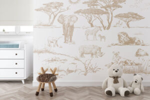 Safari dieren behang in sepia met olifanten, leeuwen en zebras in de savanne - Sepia safari