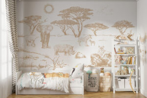 Safari dieren behang in sepia met olifanten, leeuwen en zebras in de savanne - Sepia safari