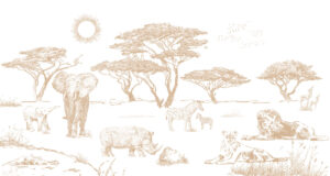 Safari dieren behang in sepia met olifanten, leeuwen en zebras in de savanne - Sepia safari
