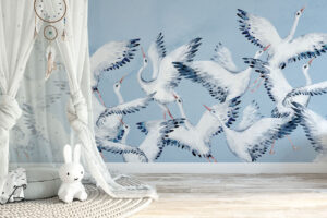 Kraanvogel behang voor babykamer met vliegende vogels tegen een blauwe lucht - Vleugelslag