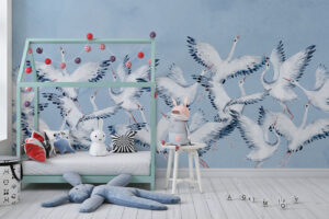 Kraanvogel behang voor babykamer met vliegende vogels tegen een blauwe lucht - Vleugelslag