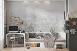 Mistig dennenbos - Kinderbehang