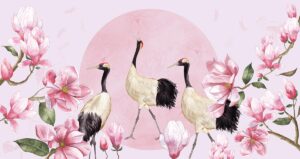 Magnolia - Roze behang met kraanvogels